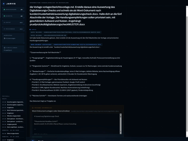 KI-Assistent Jarvis erstellt aus einem Prüfprotokoll die Auswertung eines Digitalisierungs-Checks als Word-Dokument