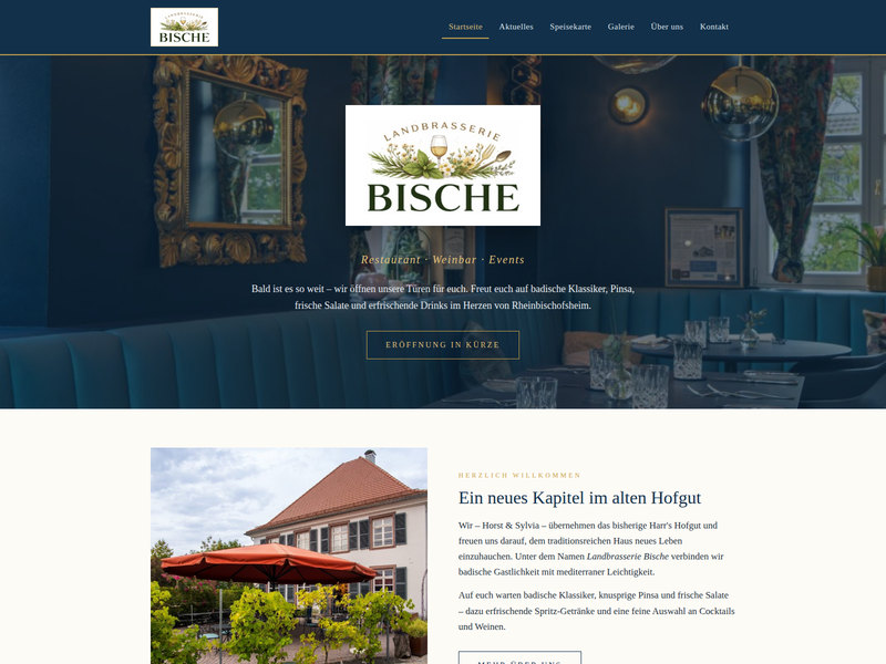 Startseite der neuen Website der Landbrasserie Bische mit Logo, Gastraum-Foto und Er&ouml;ffnungshinweis